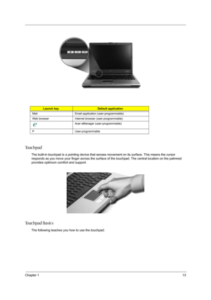 Page 19Chapter 113
To u c h p a d
The built-in touchpad is a pointing device that senses movement on its surface. This means the cursor 
responds as you move your finger across the surface of the touchpad. The central location on the palmrest 
provides optimum comfort and support.
To u c h p a d  B a s i c s
The following teaches you how to use the touchpad:
Launch keyDefault application
Mail Email application (user-programmable)
Web browser Internet browser (user-programmable)
Acer eManager...