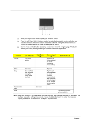 Page 2014Chapter 1
TMove your finger across the touchpad (2) to move the cursor. 
TPress the left (1) and right (4) buttons located beneath the touchpad to perform selection and 
execution functions. These two buttons are similar to the left and right buttons on a mouse. 
Tapping on the touchpad is the same as clicking the left button.
TUse the 4-way scroll (3) button to scroll up or down and move left or right a page. This button 
mimics your cursor pressing on the right scroll bar of Windows applications....