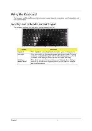 Page 19Chapter 113
Using the Keyboard
The keyboard has full-sized keys and an embedded keypad, separate cursor keys, two Windows keys and 
twelve function keys.
Lock Keys and embedded numeric keypad
The keyboard has three lock keys which you can toggle on and off.
Lock keyDescription
Caps Lock When Caps Lock is on, all alphabetic characters typed are in uppercase.
Num Lock  When Num Lock is on, the separate keypad is in numeric mode. The keys 
function as a calculator (complete with the arithmetic operators +,...