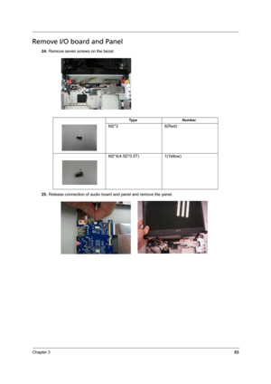Page 59Chapter 353
Remove I/O board and Panel
24.Remove seven screws on the bezel.
25.Release connection of audio board and panel and remove the panel.
Ty p e N u m b e r
M2*3 6(Red)
M2*4(4.5D*0.5T) 1(Yellow) 