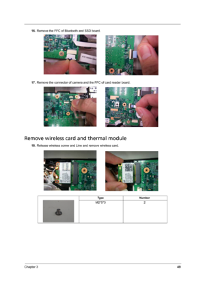 Page 57Chapter 349
16.Remove the FFC of Bluetooth and SSD board.
17.Remove the connector of camera and the FFC of card reader board.
Remove wireless card and thermal module
18.Release wireless screw and Line and remove wireless card.
Ty p e N u m b e r
M2*5*3 2 