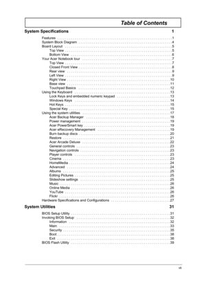 Page 7vii
Table of Contents
System Specifications  1
Features  . . . . . . . . . . . . . . . . . . . . . . . . . . . . . . . . . . . . . . . . . . . . . . . . . . . . . . . . . . . .1
System Block Diagram  . . . . . . . . . . . . . . . . . . . . . . . . . . . . . . . . . . . . . . . . . . . . . . . . .4
Board Layout   . . . . . . . . . . . . . . . . . . . . . . . . . . . . . . . . . . . . . . . . . . . . . . . . . . . . . . . .5
Top View  . . . . . . . . . . . . . . . . . . . . . . . . . . . . . . . . . . . ....