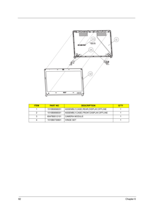 Page 9082Chapter 6
ITEMPA R T  N ODESCRIPTIONQ’TY
1 1510B0698201 ASSEMBLY,CASE,REAR,DISPLAY,OFFLINE 1
2 1510B0698301 ASSEMBLY,CASE,FRONT,DISPLAY,OFFLINE 1
3 6047B0012101 CAMERA MODULE 1
4 1510B0730601 HINGE SET 1 