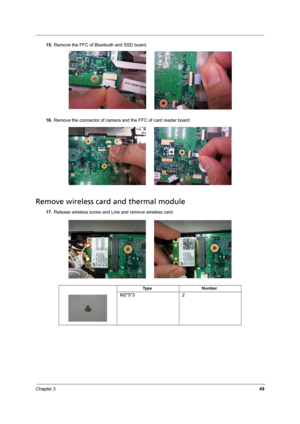 Page 55Chapter 349
15.Remove the FFC of Bluetooth and SSD board.
16.Remove the connector of camera and the FFC of card reader board.
Remove wireless card and thermal module
17.Release wireless screw and Line and remove wireless card.
Ty p e N u m b e r
M2*5*3 2 