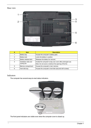 Page 18
12Chapter 1
Base view
Indicators
The computer has several easy-to-read status indicators. 
The front panel indicators are visible even when the computer cover is closed up.
#ItemDescription
1 Battery bay Houses the computer’s battery pack.
2 Battery lock Locks the battery in position.
3 Battery release latch Releases the battery for removal.
4 Ventilation slots and  cooling fan Enable the computer to stay cool, even after prolonged use.
Note: Do not cover or obstruct the opening of the fan.
5 Memory...