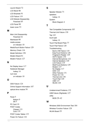 Page 200190
Launch Board 72
LCD Bezel 86
LCD Brackets 91
LCD Failure 119
LCD Module Disassembly
Flowchart
 85
LCD Panel 90
lower cover 53
M
Main Unit Disassembly
Flowchart
 61
Mainboard 80
media access
on indicator
 10
MediaTouch Button Failure 129
Memory Check 116
Model Definition 158
Modem Board 81
Modem Failure 127
N
No Display Issue 117
Notebook Manager
hotkey
 14
num lock
on indicator
 10
O
ODD Failure 124
Online Support Information 187
optical drive module 59
P
Panel 5
Bottom 9
left 5
PC Card 10
POST...