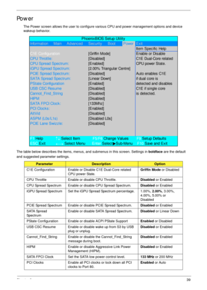 Page 49Chapter 239
Power
The Power screen allows the user to configure various CPU and power management options and device 
wakeup behavior.
The table below describes the items, menus, and submenus in this screen. Settings in boldface are the default 
and suggested parameter settings. 
ParameterDescriptionOption
C1E Configuration Enable or Disable C1E Dual-Core related 
CPU power State.Griffin Mode or Disabled
CPU Throttle Enable or disable CPU Throttle.Disabled or Enabled
CPU Spread Spectrum Enable or disable...