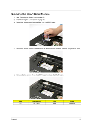 Page 65Chapter 355
Removing the WLAN Board Module
1.See “Removing the Battery Pack” on page 51.
2.See “Removing the Lower Cover” on page 53.
3.Detach the wireless board barcode label from the WLAN board.  
4.Disconnect the two antenna cables from the WLAN board, then move the antennas away from the board. 
5.Remove the two screws (A) on the WLAN board to release the WLAN board.   
StepSize (Quantity)ColorTo r q u e
1~2 M2 x L4 (2) Black 1.6 kgf-cm 