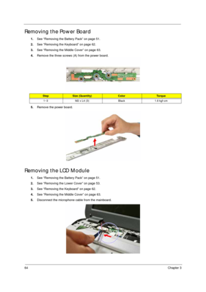 Page 7464Chapter 3
Removing the Power Board
1.See “Removing the Battery Pack” on page 51.
2.See “Removing the Keyboard” on page 62.
3.See “Removing the Middle Cover” on page 63.
4.Remove the three screws (A) from the power board. 
5.Remove the power board.
Removing the LCD Module
1.See “Removing the Battery Pack” on page 51.
2.See “Removing the Lower Cover” on page 53.
3.See “Removing the Keyboard” on page 62.
4.See “Removing the Middle Cover” on page 63.
5.Disconnect the microphone cable from the mainboard....