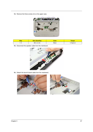 Page 77Chapter 367
14.Remove the three screws (A) on the upper case.
15.Disconnect the speaker cable from the mainboard.
16.Detach the launch board cable from the mainboard.
StepSize (Quantity)ColorTo r q u e
1~3 M2 x L4 (3) Black 1.6 kgf-cm 