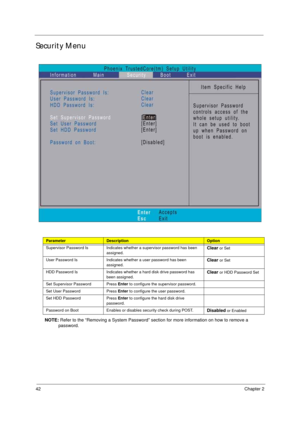 Page 5242Chapter 2
Security Menu
 
NOTE: Refer to the “Removing a System Password” section for more information on how to remove a 
password.
ParameterDescriptionOption
Supervisor Password Is Indicates whether a supervisor password has been 
assigned. 
Clear or Set
User Password Is Indicates whether a user password has been 
assigned.
Clear or Set
HDD Password Is Indicates whether a hard disk drive password has 
been assigned. 
Clear or HDD Password Set
Set Supervisor Password Press Enter to configure the...