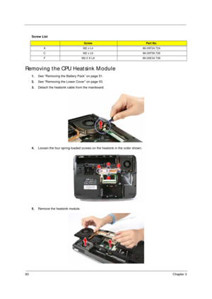 Page 7060Chapter 3
Removing the CPU Heatsink Module
1.See “Removing the Battery Pack” on page 51.
2.See “Removing the Lower Cover” on page 53.
3.Detach the heatsink cable from the mainboard.
4.Loosen the four spring-loaded screws on the heatsink in the order shown. 
5.Remove the heatsink module. Screw List
ScrewPart No.
A M2 x L4 86.00F24.724
C M2 x L6 86.00F58.726
F M2.5 X L8 86.00E34.738 