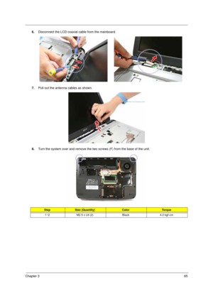 Page 75Chapter 365
6.Disconnect the LCD coaxial cable from the mainboard.
7.Pull out the antenna cables as shown. 
8.Turn the system over and remove the two screws (F) from the base of the unit. 
StepSize (Quantity)ColorTo r q u e
1~2 M2.5 x L8 (2) Black 4.0 kgf-cm 