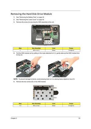 Page 63Chapter 353
Removing the Hard Disk Drive Module 
1.See “Removing the Battery Pack” on page 49.
2.See “Removing the Lower Cover” on page 50.
3.Remove the screw (A) securing the HDD assembly to the unit.    
4.Pull the HDD module out by pulling on the mylar attached to it (1), gently slide-out the HDD module from 
its bay (2). 
NOTE:  To prevent damage to device, avoid pressing down on it or placing heavy objects on top of it. 
5.Remove the two screws (B) on the HDD bracket.  
StepSize (Quantity)ColorTo r...