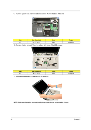 Page 7262Chapter 3
9.Turn the system over and remove the two screws (F) from the base of the unit. 
10.Remove the two screws (F) from the left and right hinge of the LCD module. 
11 .Carefully remove the LCD module from the base unit. 
NOTE: Make sure the cables are routed well before connecting the cables back to the unit.
StepSize (Quantity)ColorTo r q u e
1~2 M2.5 x L8 (2) Black 4.0 kgf-cm
StepSize (Quantity)ColorTo r q u e
1~2 M2.5 x L8 (2) Black 4.0 kgf-cm 