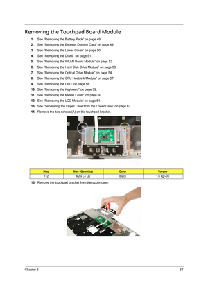 Page 77Chapter 367
Removing the Touchpad Board Module
1.See “Removing the Battery Pack” on page 49.
2.See “Removing the Express Dummy Card” on page 49.
3.See “Removing the Lower Cover” on page 50.
4.See “Removing the DIMM” on page 51.
5.See “Removing the WLAN Board Module” on page 52.
6.See “Removing the Hard Disk Drive Module” on page 53.
7.See “Removing the Optical Drive Module” on page 54.
8.See “Removing the CPU Heatsink Module” on page 57.
9.See “Removing the CPU” on page 58.
10.See “Removing the Keyboard”...