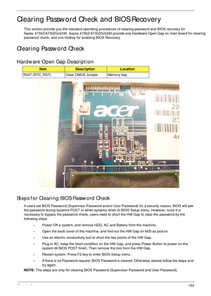 Page 163Chapter 2153
Clearing Password Check and BIOS Recovery
This section provide you the standard operating procedures of clearing password and BIOS recovery for 
Aspire  4730Z/4730ZG/4330. Aspire 4730Z/4730ZG/4330 provide one Hardware Open Gap on  main board  for clearing 
password check, and one Hotkey for enabling BIOS Recovery.
Clearing Password Check
Hardware Open Gap Description
Steps for Clearing BIOS Password Check
If users set BIOS Password (Supervisor Password and/or  User Password) for a security...