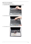 Page 71Chapter 361
Removing the Keyboard
1.See “Removing the Battery Pack” on page 44.
2.Using a plastic pry, push in the two securing latches and slide the pry under the keyboard. 
3.Once both latches are released, lift the keyboard away from the chassis as shown.
4.Turn the keyboard over on the Touch Pad area to expose the FFC cable.  