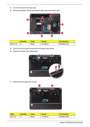 Page 50
42 Acer Aspire 4732Z/4332 Service Guide
3.Turn the unit over to the base side. 
4.Remove the bottom screws securing  the upper case to the lower case. 
Ty p eQuantityColorTo r q u ePart Number
M2.5 x L68Black3.0 kgf-cm86.00E33.736
5.Turn the unit over again to remove the top upper case screws. 
6.Remove the upper case rubber pads. 
7.Remove the top upper case screws. 
Ty p eQuantityColorTo r q u ePart Number
M2 x L42Black1.6 kgf-cm86.00E13.524 