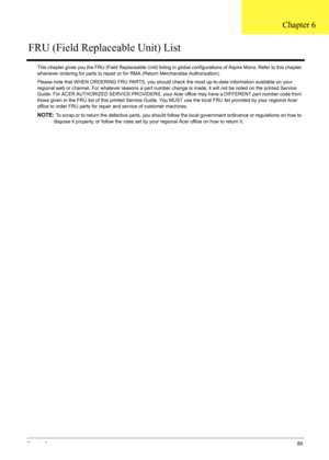 Page 95
Chapter 689
This chapter gives you the FRU (Field Replaceable Unit) listing in global configurations of Aspire Mono. Refer to this chapter 
whenever ordering for parts to repair or fo r RMA (Return Merchandise Authorization).
Please note that WHEN ORDERING FRU PARTS, you should c heck the most up-to-date information available on your 
regional web or channel. For whatever reasons a part number  change is made, it will not be noted on the printed Service 
Guide. For ACER AUTHORIZED SERVICE PROVIDERS,...