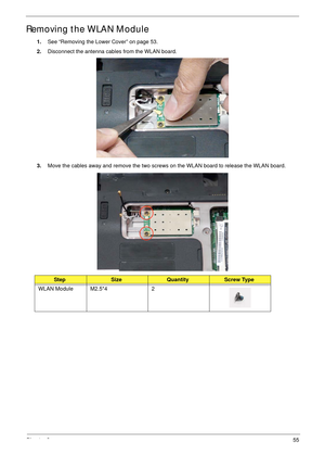 Page 65Chapter 355
Removing the WLAN Module
1.See “Removing the Lower Cover” on page 53.
2.Disconnect the antenna cables from the WLAN board. 
3.Move the cables away and remove the two screws on the WLAN board to release the WLAN board.
 
StepSizeQuantityScrew Type
WLAN Module M2.5*4 2 