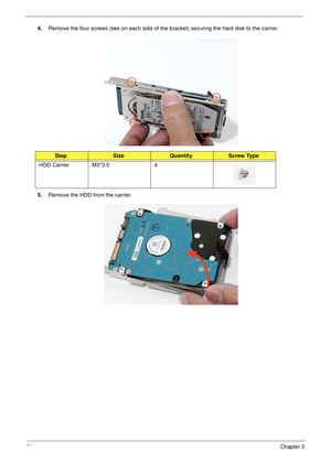 Page 6858Chapter 3
4.Remove the four screws (two on each side of the bracket) securing the hard disk to the carrier.
5.Remove the HDD from the carrier.
StepSizeQuantityScrew Type
HDD Carrier M3*3.5 4 