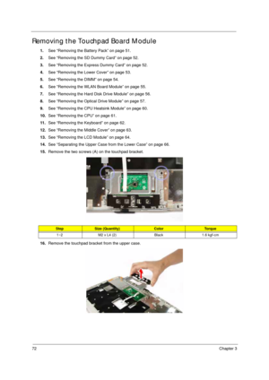 Page 8272Chapter 3
Removing the Touchpad Board Module
1.See “Removing the Battery Pack” on page 51.
2.See “Removing the SD Dummy Card” on page 52.
3.See “Removing the Express Dummy Card” on page 52.
4.See “Removing the Lower Cover” on page 53.
5.See “Removing the DIMM” on page 54.
6.See “Removing the WLAN Board Module” on page 55.
7.See “Removing the Hard Disk Drive Module” on page 56.
8.See “Removing the Optical Drive Module” on page 57.
9.See “Removing the CPU Heatsink Module” on page 60.
10.See “Removing the...