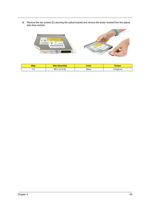 Page 65Chapter 355
5.Remove the two screws (E) securing the optical bracket and remove the locker bracket from the optical 
disk drive module.   
StepSize (Quantity)ColorTo r q u e
1-2 M2 x L2.5 (2) Silver 1.6 kgf-cm 