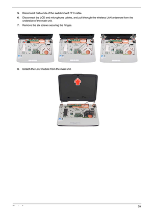 Page 65Chapter 359
5.Disconnect both ends of the switch board FFC cable.
6.Disconnect the LCD and microphone cables, and pull through the wireless LAN antennae from the 
underside of the main unit.
7.Remove the six screws securing the hinges.
8.Detach the LCD module from the main unit. 