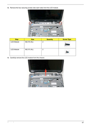 Page 77Chapter 367
8.Remove the four securing screws (two each side) from the LCD module.
9.Carefully remove the LCD module from the chassis. 
StepSizeQuantityScrew Type
LCD Module M2.5*8 (NL) 2
LCD Module M2.5*5 (NL) 2 