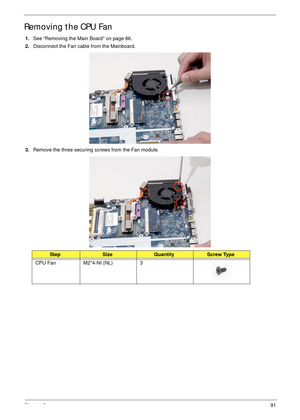 Page 101Chapter 391
Removing the CPU Fan
1.See “Removing the Main Board” on page 86.
2.Disconnect the Fan cable from the Mainboard.
3.Remove the three securing screws from the Fan module.
StepSizeQuantityScrew Type
CPU Fan M2*4-NI (NL) 3 