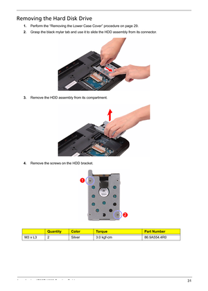 Page 39
Acer Aspire 4732Z/4332 Service Guide 31
Removing the Hard Disk Drive  
1.Perform the “Removing the Lower Case Cover” procedure on page 29.  
2.Grasp the black mylar tab and use it to slide the HDD assembly from its connector. 
3.Remove the HDD assembly from its compartment. 
4.Remove the screws on the HDD bracket. 
Ty p eQuantityColorTo r q u ePart Number
M3 x L32Silver3.0 kgf-cm86.9A554.4R0 