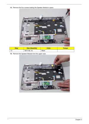 Page 10696Chapter 3
13.Remove the four screws holding the Speaker Module in place. 
14.Remove the Speaker Module from the upper case. 
StepSize (Quantity)ColorTo r q u e
13 M2*3 NL (4) Black 