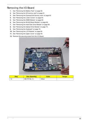 Page 109Chapter 399
Removing the I/O Board
1.See “Removing the Battery Pack” on page 60.
2.See “Removing the SD dummy card” on page 61.
3.See “Removing the ExpressCard dummy card” on page 62.
4.See “Removing the Lower Covers” on page 63.
5.See “Removing the DIMM Module” on page 65.
6.See “Removing the WLAN Board Module” on page 66.
7.See “Removing the Hard Disk Drive Module” on page 68.
8.See “Removing the Optical Drive Module” on page 70.
9.See “Removing the Keyboard” on page 76.
10.See “Removing the LCD...