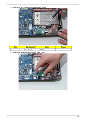 Page 115Chapter 3105
15.Remove the two screws securing the Modem module. 
16.Remove the Modem module from the Lower Cover.
StepSize (Quantity)ColorTo r q u e
17 M2*3 NL (2) Black 