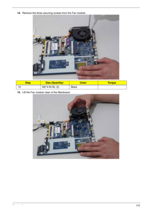 Page 125Chapter 311 5
14.Remove the three securing screws from the Fan module.
15.Lift the Fan module clear of the Mainboard.
StepSize (Quantity)ColorTo r q u e
16 M2*4-NI NL (3) Black 