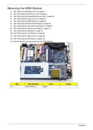 Page 12611 6Chapter 3
Removing the HDMI Module
1.See “Removing the Battery Pack” on page 60.
2.See “Removing the SD dummy card” on page 61.
3.See “Removing the ExpressCard dummy card” on page 62.
4.See “Removing the Lower Covers” on page 63.
5.See “Removing the DIMM Module” on page 65.
6.See “Removing the WLAN Board Module” on page 66.
7.See “Removing the Hard Disk Drive Module” on page 68.
8.See “Removing the Optical Drive Module” on page 70.
9.See “Removing the Keyboard” on page 76.
10.See “Removing the LCD...