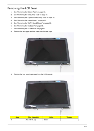 Page 129Chapter 311 9
Removing the LCD Bezel
1.See “Removing the Battery Pack” on page 60.
2.See “Removing the SD dummy card” on page 61.
3.See “Removing the ExpressCard dummy card” on page 62.
4.See “Removing the Lower Covers” on page 63.
5.See “Removing the WLAN Board Module” on page 66.
6.See “Removing the Keyboard” on page 76.
7.See “Removing the LCD Module” on page 82.
8.Remove the two upper and two lower bezel screw caps.
9.Remove the four securing screws from the LCD module. 
StepSize (Quantity)ColorTo r...
