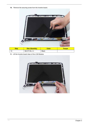 Page 132122Chapter 3
10. Remove the securing screw from the Inverter board.
11 .Lift the Inverter board clear of the LCM Module.
StepSize (Quantity)ColorTo r q u e
10 M2.5*5 NL (1) Black 