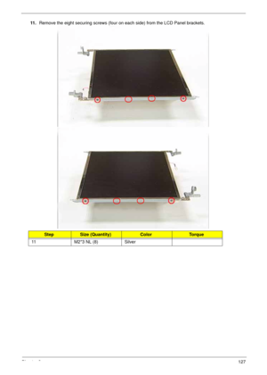 Page 137Chapter 3127
11 .Remove the eight securing screws (four on each side) from the LCD Panel brackets.
StepSize (Quantity)ColorTo r q u e
11 M2*3 NL (8) Silver 