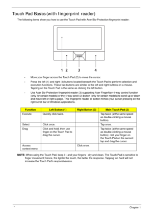 Page 2212Chapter 1
Touch Pad Basics (with fingerprint reader)
The following items show you how to use the Touch Pad with Acer Bio-Protection fingerprint reader:
•Move your finger across the Touch Pad (2) to move the cursor.
•Press the left (1) and right (4) buttons located beneath the Touch Pad to perform selection and 
execution functions. These two buttons are similar to the left and right buttons on a mouse. 
Tapping on the Touch Pad is the same as clicking the left button.
•Use Acer Bio-Protection...