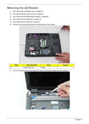 Page 9282Chapter 3
Removing the LCD Module
1.See “Removing the Battery Pack” on page 60.
2.See “Removing the Lower Covers” on page 63.
3.See “Removing the WLAN Board Module” on page 66.
4.See “Removing the Keyboard” on page 76.
5.See “Removing the Antenna” on page 78.
6.Remove the two securing screws from the bottom of the chassis.
7.Turn the computer over. Disconnect the three LCD interface cables from the chassis.
StepSize (Quantity)ColorTo r q u e
6 M2.5*5 NL (2) Black 