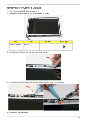 Page 113Chapter 3103
Removing the Camera Module
1.See “Removing the LCD Bezel” on page 101.
2.Remove the single screw from the Camera Bracket as shown.
3.Lift the Camera Bracket, right side first, clear of the casing.
4.Lift the Camera Module clear of the casing and disconnect the cable from the Module.
5.Remove the Camera Module.
StepSizeQuantityScrew Type
Camera Module M2.5*3 1 