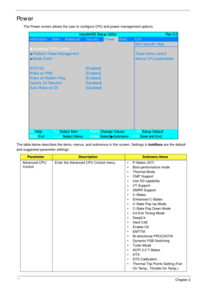 Page 4838Chapter 2
Power
The Power screen allows the user to configure CPU and power management options.
The table below describes the items, menus, and submenus in this screen. Settings in boldface are the default 
and suggested parameter settings. 
ParameterDescriptionSubmenu Items
Advanced CPU 
ControlEnter the Advanced CPU Control menu.  • P-States (IST)
• Boot performance mode
• Thermal Mode
• CMP Support
• Use XD capability
• VT Support
• SMRR Support
•C-States
• Enhanced C-States
• C-State Pop Up Mode
•...