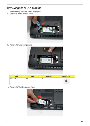 Page 69Chapter 359
Removing the WLAN Module
1.See “Removing the Lower Covers” on page 57.
2.Disconnect the two antenna cables.
3.Remove the two securing screws.
4.Remove the WLAN module as shown.
StepSizeQuantityScrew Type
WLAN Module M2*3 2 