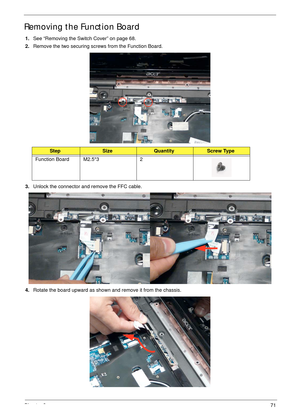 Page 81Chapter 371
Removing the Function Board
1.See “Removing the Switch Cover” on page 68.
2.Remove the two securing screws from the Function Board.
3.Unlock the connector and remove the FFC cable. 
4.Rotate the board upward as shown and remove it from the chassis.
StepSizeQuantityScrew Type
Function Board M2.5*3 2 