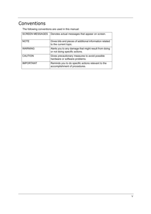 Page 5V
Conventions
The following conventions are used in this manual:
SCREEN MESSAGES Denotes actual messages that appear on screen.
NOTE Gives bits and pieces of additional information related 
to the current topic.
WARNING Alerts you to any damage that might result from doing 
or not doing specific actions.
CAUTION Gives precautionary measures to avoid possible 
hardware or software problems.
IMPORTANT Reminds you to do specific actions relevant to the 
accomplishment of procedures. 