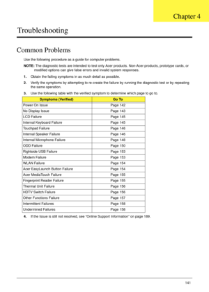 Page 153Chapter 4141
Troubleshooting
Common Problems
Use the following procedure as a guide for computer problems.
NOTE: The diagnostic tests are intended to test only Acer products. Non-Acer products, prototype cards, or 
modified options can give false errors and invalid system responses.
1.Obtain the failing symptoms in as much detail as possible.
2.Verify the symptoms by attempting to re-create the failure by running the diagnostic test or by repeating 
the same operation.
3.Use the following table with the...