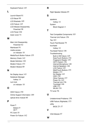 Page 204192
Keyboard Failure 145
L
Launch Board 81
LCD Bezel 99
LCD Brackets 105
LCD Failure 145
LCD Module Disassembly
Flowchart
 98
LCD Panel 104
lower cover 51
M
Main Unit Disassembly
Flowchart
 62
Mainboard 91
media access
on indicator
 10
MediaTouch Button Failure 155
Memory Check 142
Model Definition 182
Modem Failure 153
Modem Module 89
N
No Display Issue 143
Notebook Manager
hotkey
 14
num lock
on indicator
 10
O
ODD Failure 150
Online Support Information 189
optical drive module 60
P
Panel 5
Bottom 9...