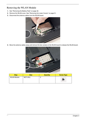 Page 6654Chapter 3
Removing the WLAN Module
1.See “Removing the Battery Pack” on page 48.
2.Remove the WLAN cover. See “Removing the Lower Covers” on page 51.
3.Disconnect the antenna cables from the WLAN board. 
4.Move the antenna cables away and remove the two screws on the WLAN board to release the WLAN board. 
 
StepSizeQuantityScrew Type
WLAN Module M2*3 (NL) 2 